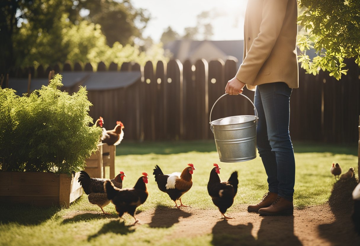A sunny backyard with a small coop, chickens pecking at the ground, and a person holding a bucket of feed