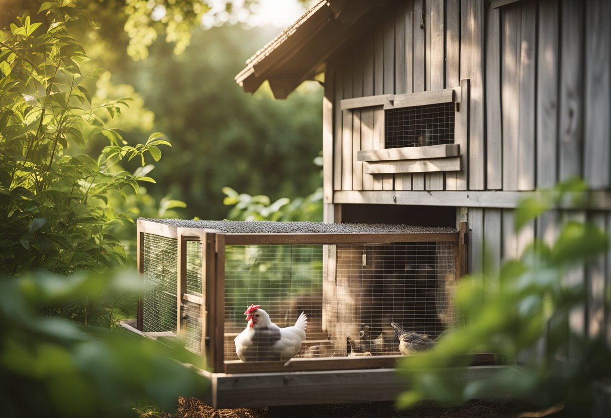 A spacious, sturdy chicken coop with nesting boxes, roosting perches, and a secure outdoor run. A waterer and feeder are filled, and the coop is surrounded by lush greenery