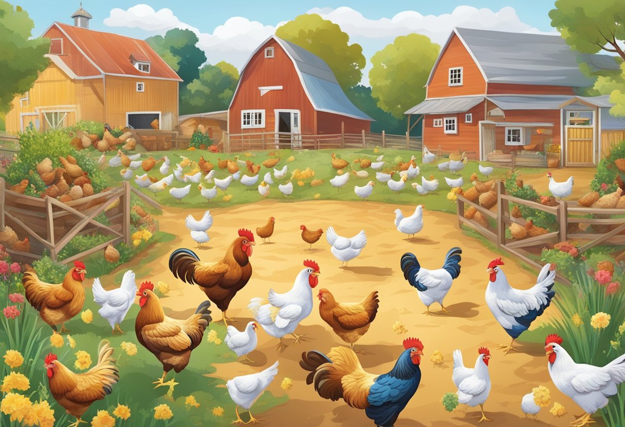 Chickens pecking at a variety of feed in a colorful, bustling farmyard