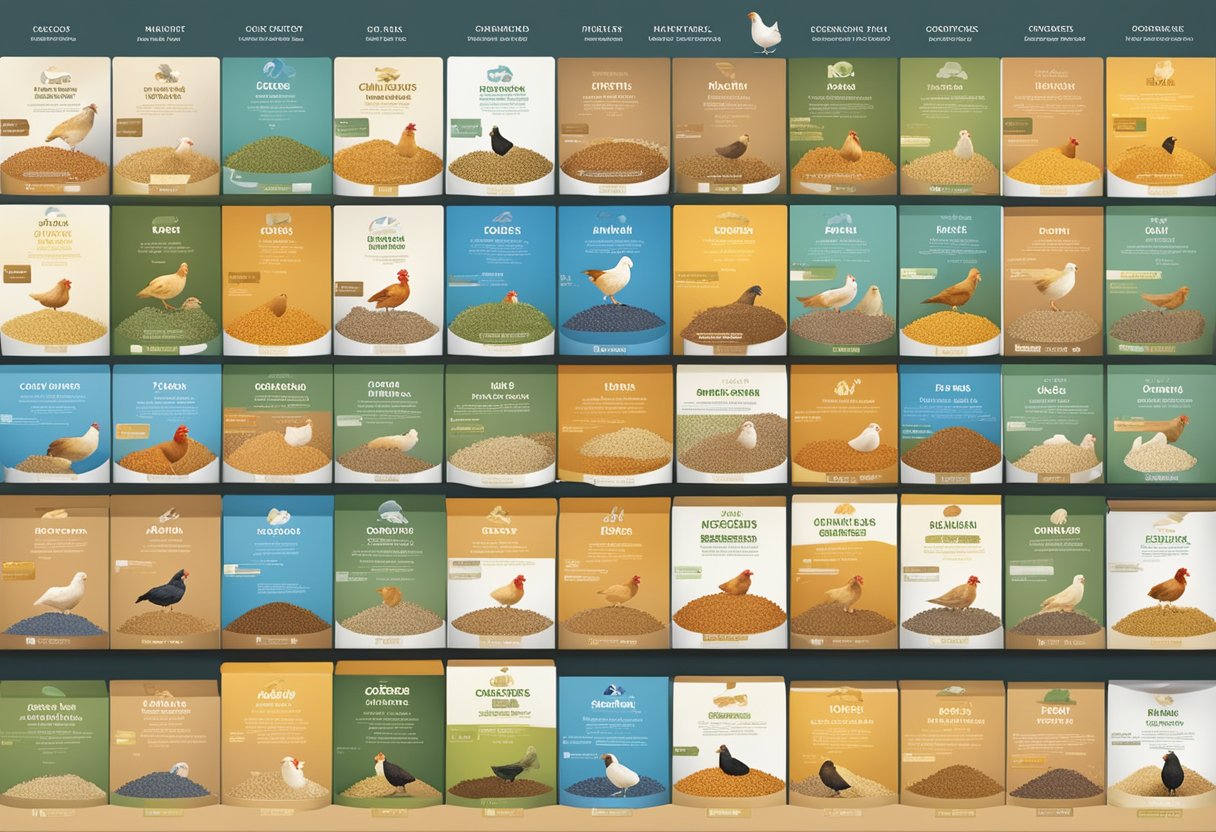 A variety of chicken feed options arranged neatly with labels, showcasing grains, seeds, and pellets. Each type of feed is surrounded by images of healthy chickens