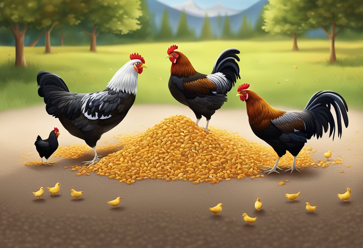A variety of chicken feed scattered across the ground, with chickens of different sizes and ages pecking at the feed