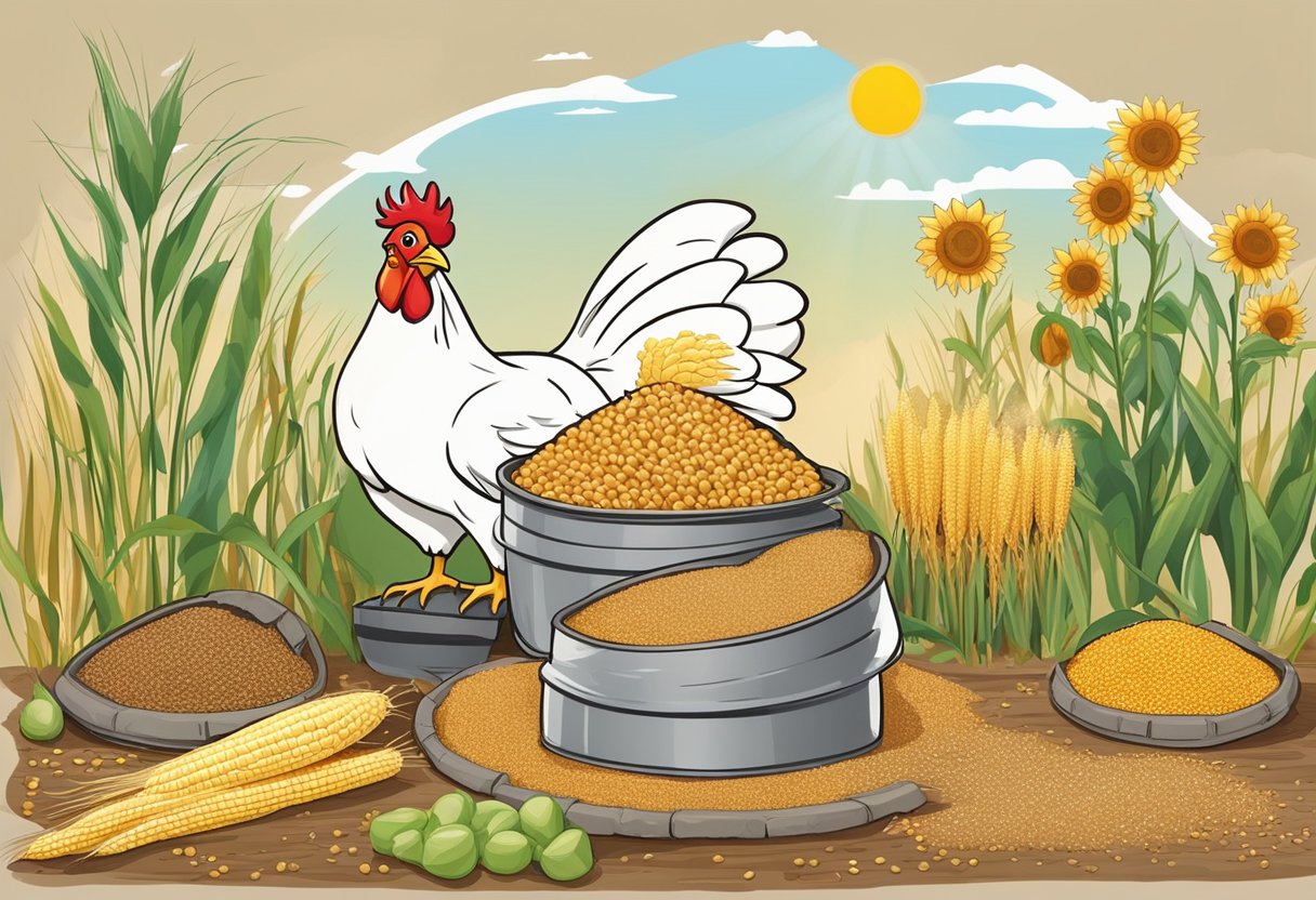 A variety of high-quality grains and seeds fill the chicken feed, including corn, soybeans, wheat, and sunflower seeds, providing essential nutrients for healthy chickens